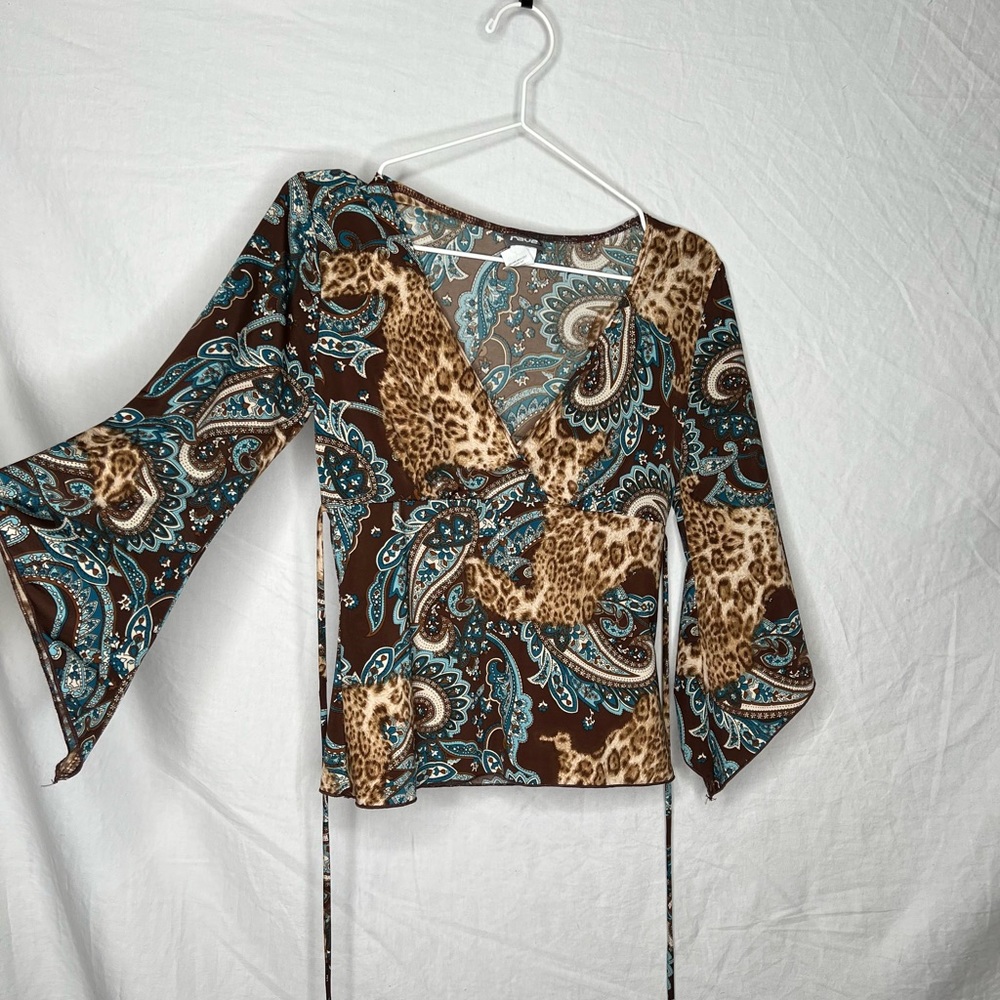 Y2K Paisley & Leopard Print Top with Flared Sleeves